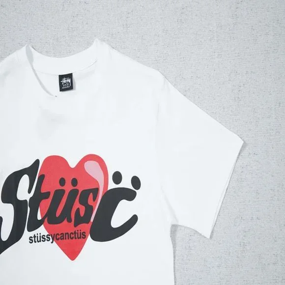 STUSSY Red Big Heart T-Shirt - White Short Sleeve - Picture 10 of 15